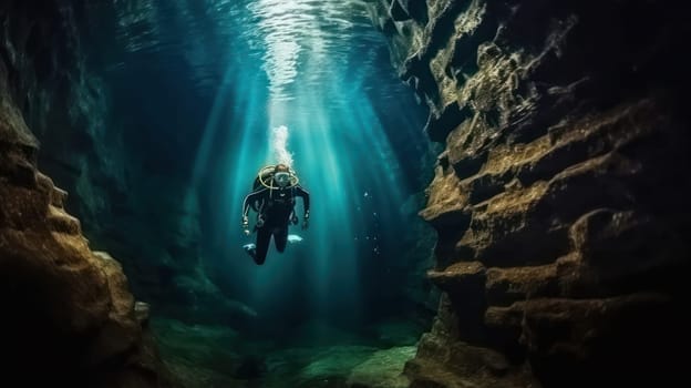 Deep sea scuba diver swimming in deep ocean cave in beams of light. Generative AI
