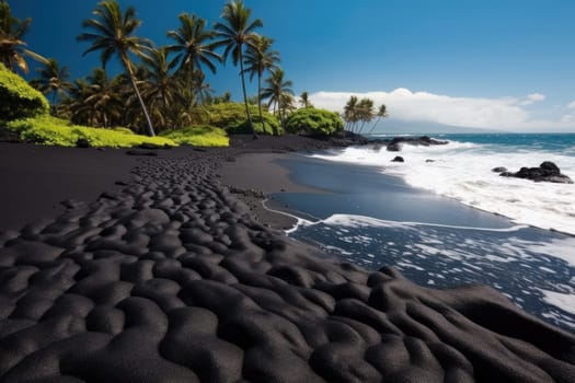 black sand and stones on the beach with palm trees