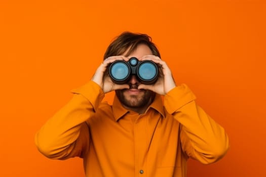 a man carefully look through binoculars on a orange background.generative AI.