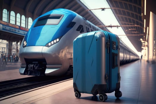 A blue suitcase stands on the platform near the train.travel concept.Generative AI. High quality