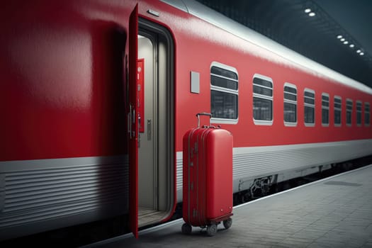 A red suitcase stands on the platform near the train.travel concept.Generative AI. High quality