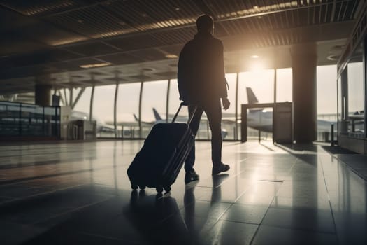 a man with a suitcase on wheels walks through the airport terminal. Rear view of a young man with a suitcase. Generative AI.