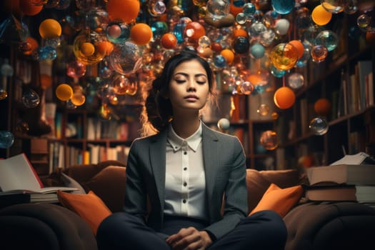 young woman in a magical dreamland using a book. imagination and fantasies.