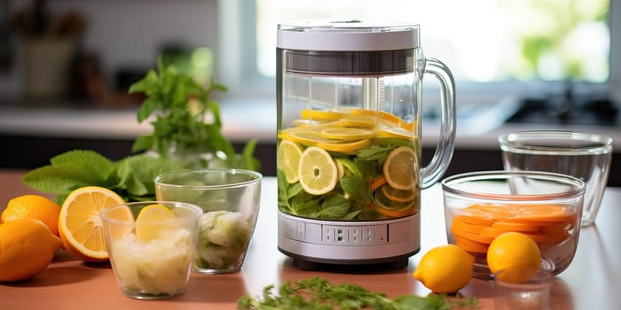 juicer with vegetables and fruits on the table in the home kitchen. healthy eating and self-care.