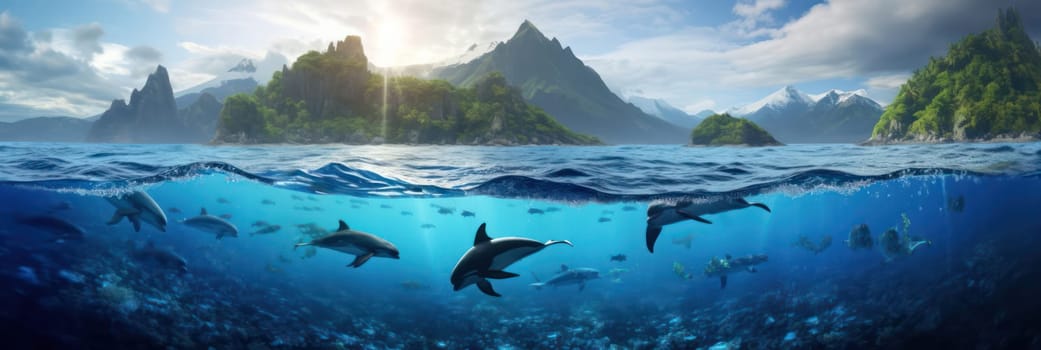 banner with the underwater and surface world. A school of dolphins underwater with sunlight. and a rocky island. sea fantasy