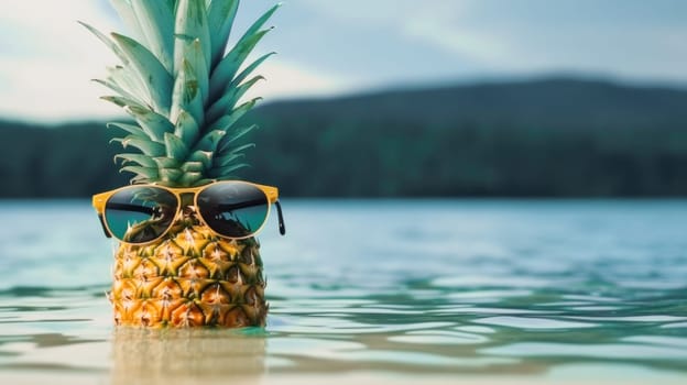 Pineapple in sunglasses against the backdrop of a tropical sea in summer. Generative AI