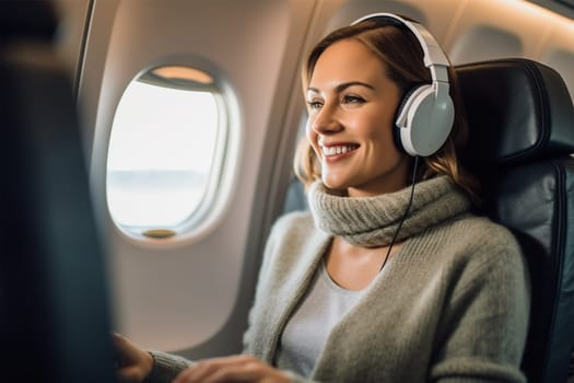 Young woman with laptop and headphones listening to music on the plane during the flight. Generative AI