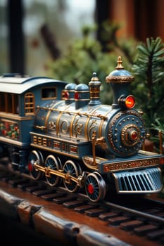 toy Christmas wooden train as a decoration for the Christmas tree. retro locomotive for railway toy road. design and gift concept for New Year's holiday