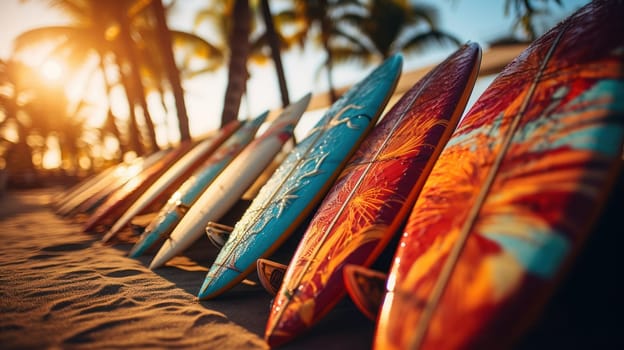 Close-up view of several colorful bright surfboards lying on the wall at the beach.