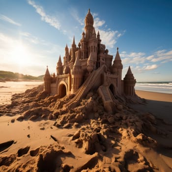 Sand castle on a sandy beach near the sea