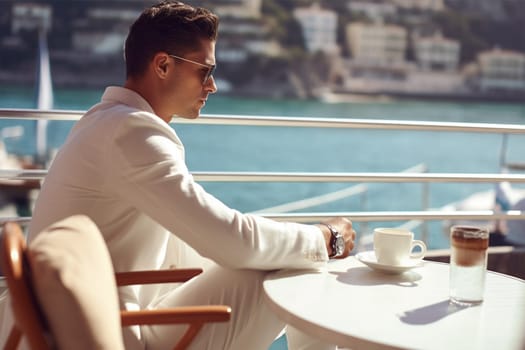 man drinking espresso and looking at the sea, dressed in elegant white linen clothes in a chic outdoor cafe.Success and leisure concept.