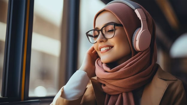 young woman in a headscarf and glasses smiles while listening to music on headphones in a train chair
