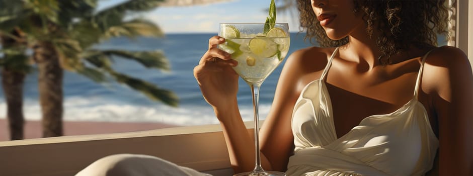 Beautiful black woman in a white dress with a cocktail with ice, sitting in an easy chair on the background of the sea. Close-up of a refreshing drink