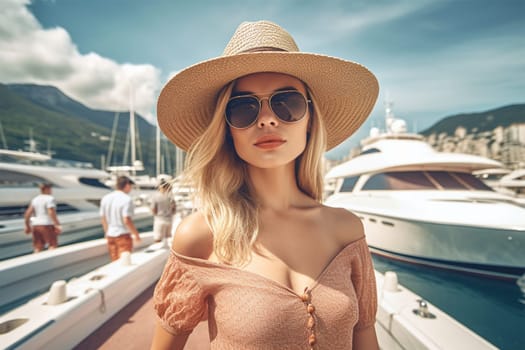 a young woman on the pier against the background of yachts dressed in casual stylish clothes and a straw hat.