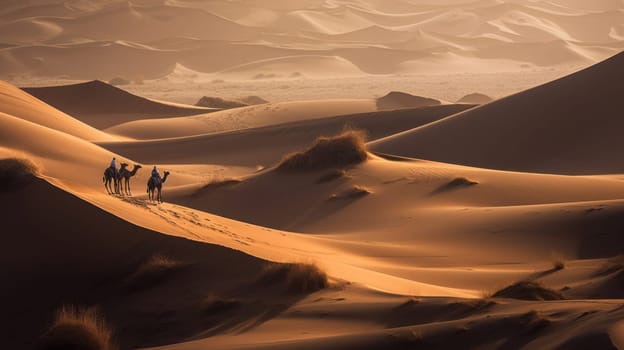 Camel travelers cross a vast and arid desert with sunset in the background. A sandstorm begins.