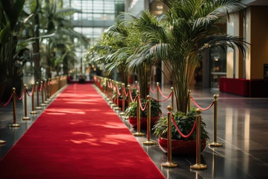 Red carpet with golden barriers and red ropes before an important event in the world of fashion and art. glamorous movie premiere or festival.