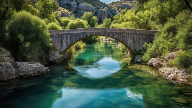 Roman bridge.arch bridge across the river. Monument of ancient Roman architecture. Generative AI