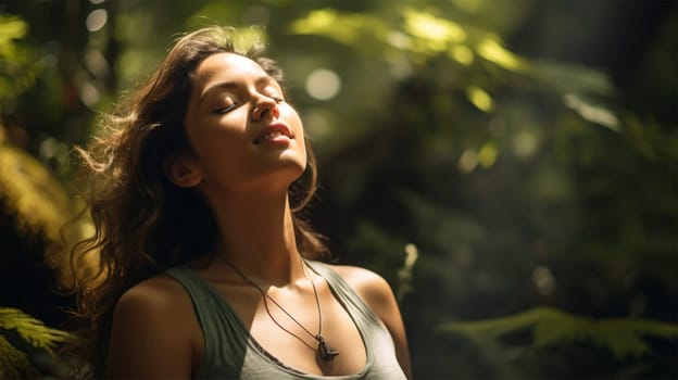 portrait of a woman practicing meditation in the forest to achieve happiness from inner peace, wisdom, tranquility with a ray of sunshine for a healthy mind and well-being of the soul.