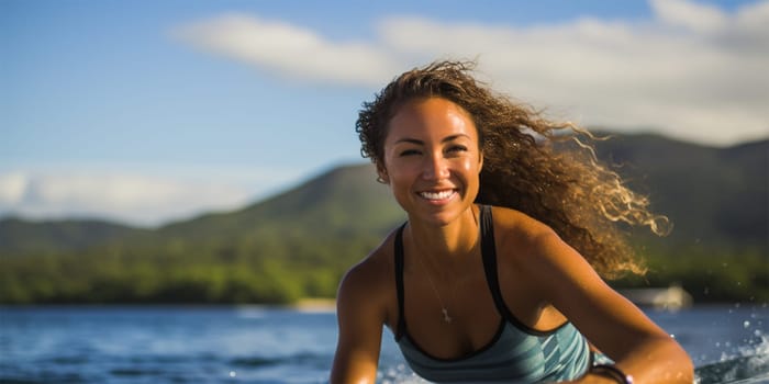 Beautiful surfer girl on a surfboard on a sunny day. Woman in the ocean while surfing.