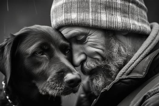 an old man with his pet dog. The connection between people and their pets. support and care for animals and human mental health