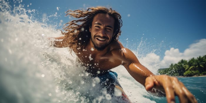 Young tanned and cheerful surfer man with long hair rides a fast and perfect ocean wave