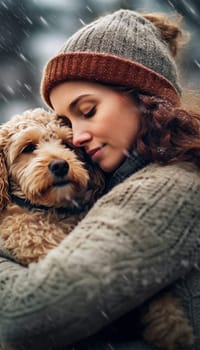 Portrait of a young woman hugging his dog. woman and pet.