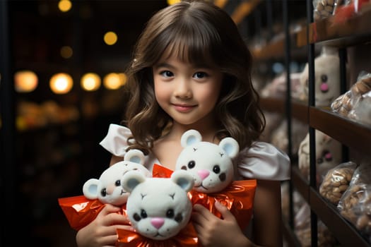 cute happy girl in the doll department in a toy store.