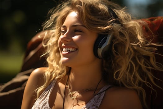 cheerful young woman listening to music on headphones in nature. warm atmosphere.