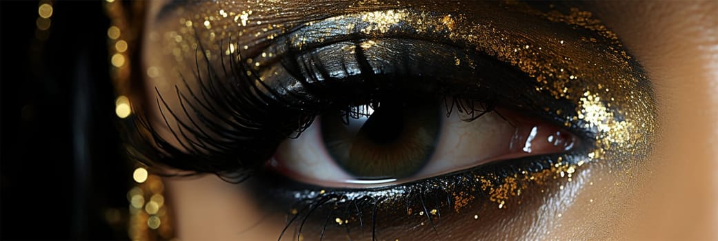 Close-up of a woman's eyes with gold makeup.eye of a beautiful woman with gold paint