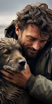 Portrait of a young man hugging his dog. Man and pet.