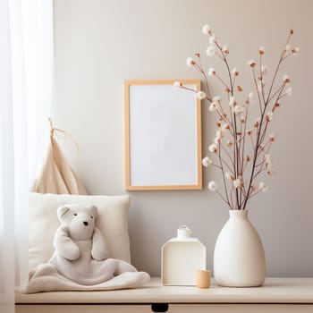 Mockup of a frame on the wall in a children's room. Soft beige interior for a baby.
