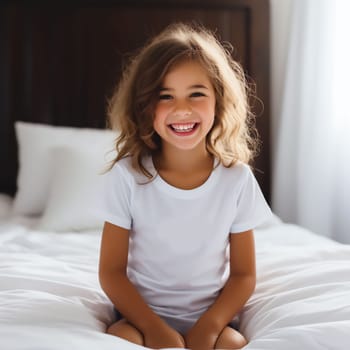 Mockup of a white T-shirt in a child's room. Soft beige interior for a baby