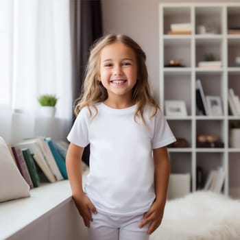 Mockup of a white T-shirt in a child's room. Soft beige interior for a baby