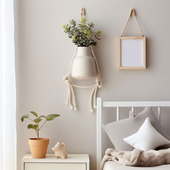 Mockup of a frame on the wall in a children's room. Soft beige interior for a baby.
