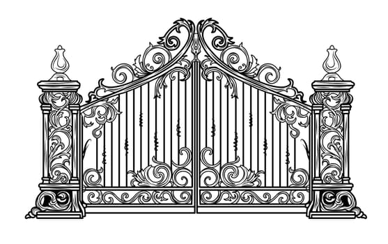 ANTIQUE METAL GATE. Black on white sketch of wrought iron bi-fold garden doors. Church gate with scrolls and leaves.