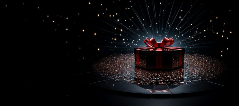 Black Friday background. Gift box with glitter on black background
