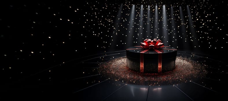 Black Friday background. Gift box with glitter on black background