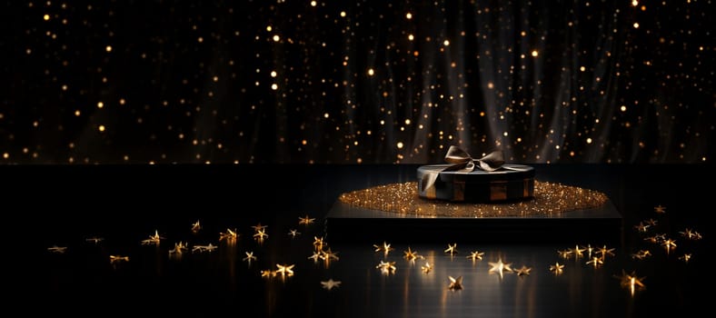Black Friday background. Gift box with glitter on black background