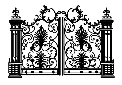 ANTIQUE METAL GATE. Black on white sketch of wrought iron bi-fold garden doors. Church gate with scrolls and leaves.