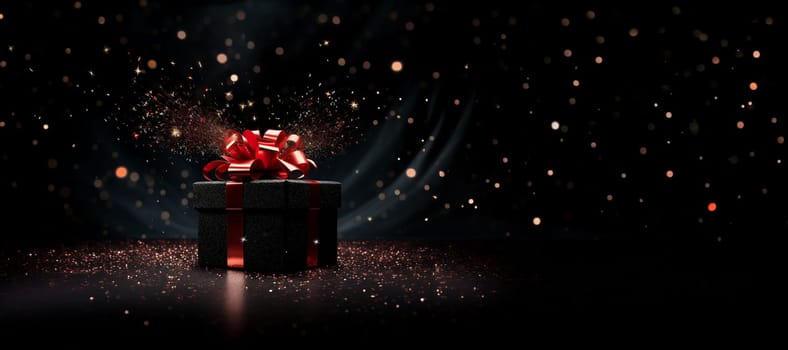 Black Friday background. Gift box with glitter on black background