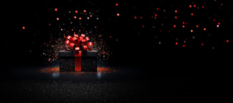 Black Friday background. Gift box with glitter on black background