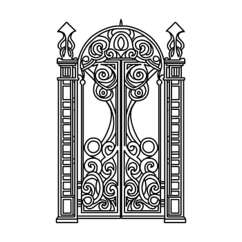 ANTIQUE METAL GATE. Black on white sketch of wrought iron bi-fold garden doors. Church gate with scrolls and leaves.