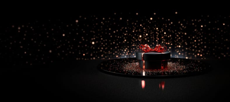 Black Friday background. Gift box with glitter on black background
