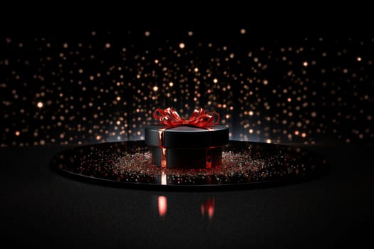 Black Friday background. Gift box with glitter on black background