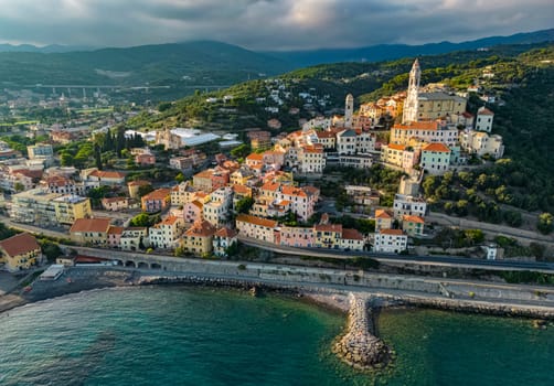 Aerial view of the village of Cervo on the Italian Riviera in the province of Imperia, Liguria, Italy