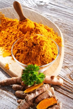 Composition with a bowl of ground turmeric and its fresh rhizome.