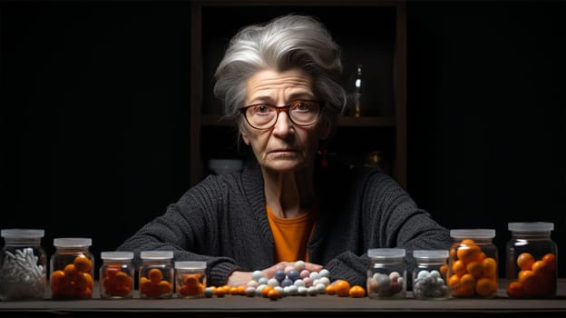 in front of an elderly woman standing on a table several bottles of pills and tablets. mental and physical health concept. Caring for the Elderly