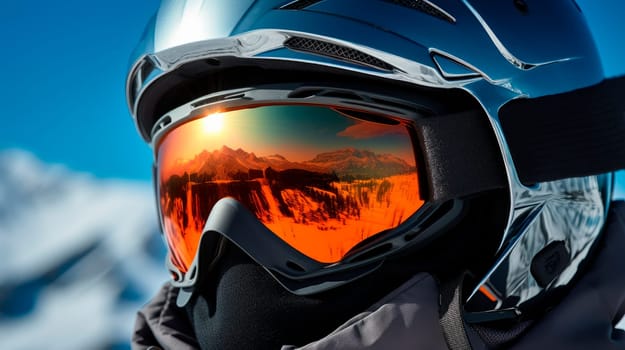 Close up portrait of snowboarder at ski resort wearing helmet and goggles with reflection of mountains. Winter sports concept. AI generated