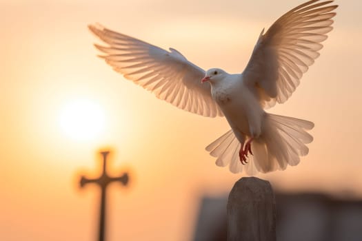 White dove flying next to a cross with sun rays. The white dove and the holy cross symbolize death and resurrection love. AI generated