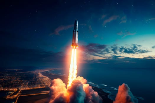 The launch of the space shuttle. Spaceship majestically launched into the sky. AI generated